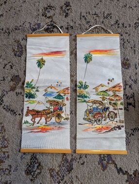 Pair of Vintage‎ Hand Painting Japanese Wall Hangings 16x6 Tropical Scene